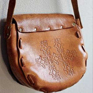 Handmade Leather Purse with adjustable strap Brown with floral embellishments